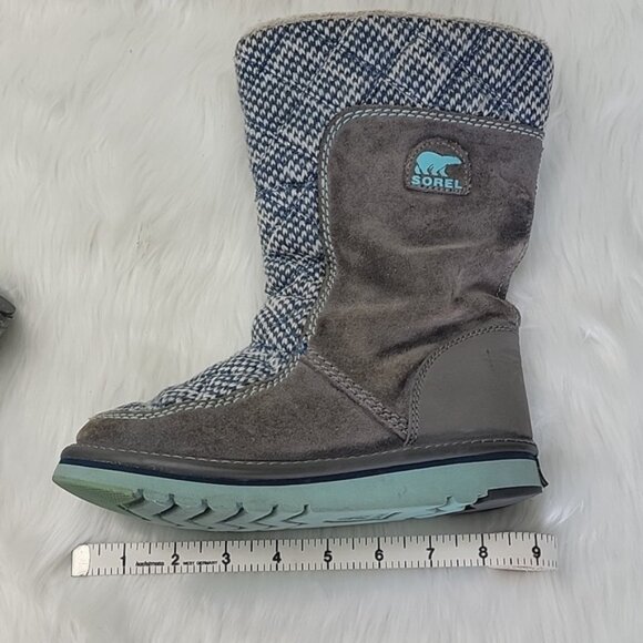 SOREL Blue White Knit Gray Suede Girl's Pull On Mid Calf Winter Boho Boots 2 - Picture 6 of 13